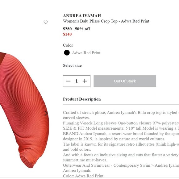 ANDREA IYAMAH Women's Balu Plissé Crop Top - Adwa Red Print - Picture 2 of 2